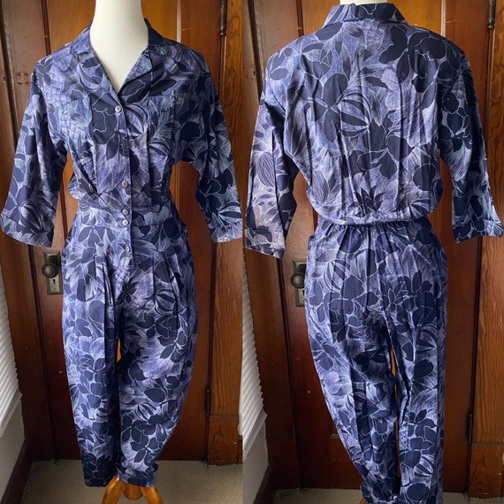 80's Purple Tropical Print Jumpsuit