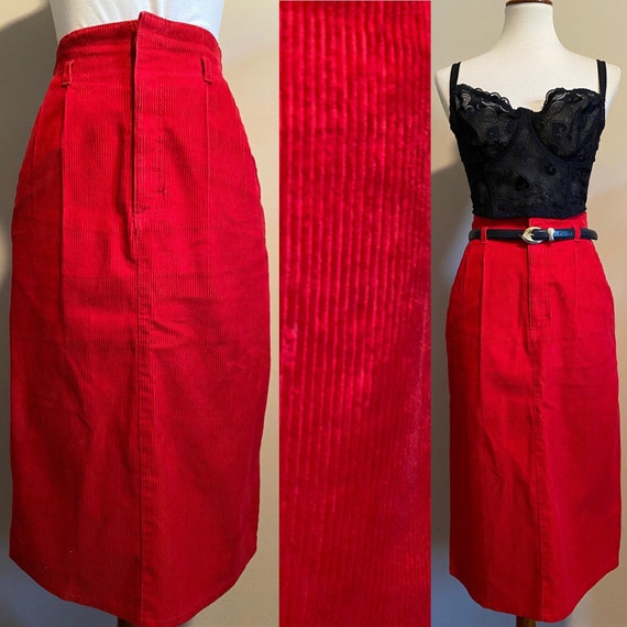 1980’s Red High Waist Corduroy Pencil Skirt - image 1
