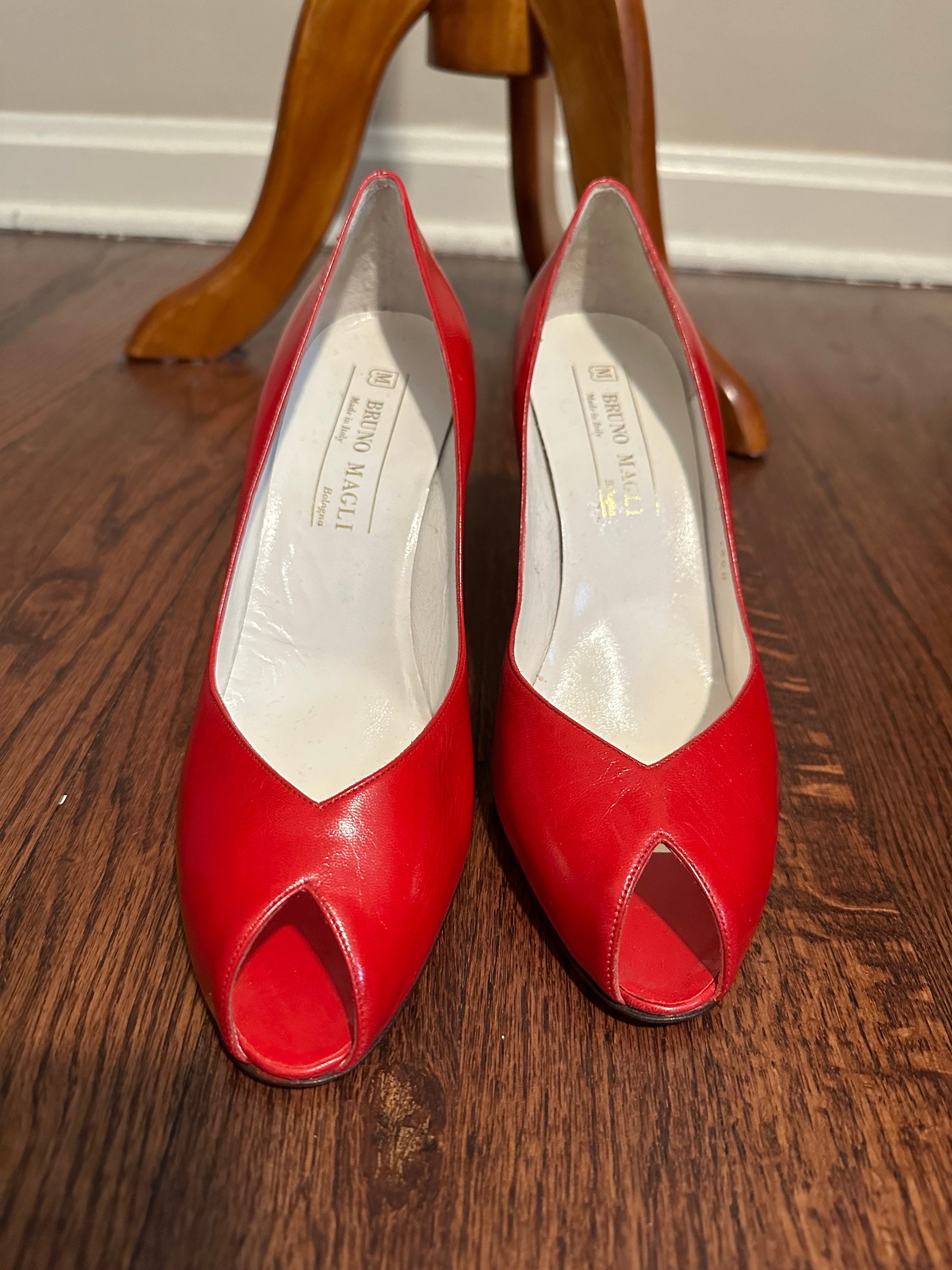 1980’s Red Leather Peep Toe Pumps