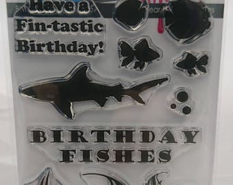 Birthday Fishes A6 stamp set designed by Imagine Design Create for stamping, papercrafts and mixed media | Seaside, Sea, Animals