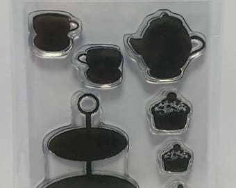 Mini High Tea stamp set with a cake stand, cupcakes, teapot and cups | Tea Party Stamp Set | Kings coronation