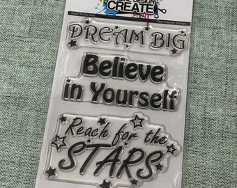 Dream big, Reach for the stars, Believe in yourself A6 wording Stamp Set by Imagine Design Create for card making and journaling
