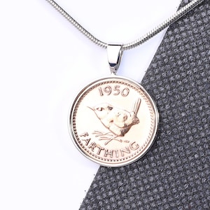 75th birthday gift farthing pendant 1950 - wren design-choose your metal and box colour