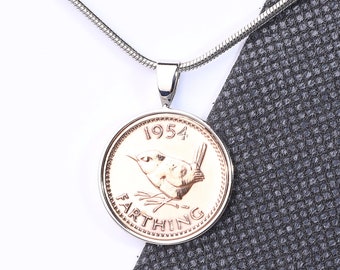 70th birthday gift farthing pendant 1954 - wren design-choose your metal and box colour