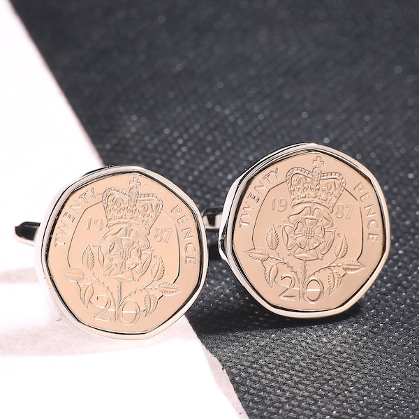 Twenty Pence Coin Cufflinks - choice of date  1982-2014-Velvet Pouch-Heads & Tails