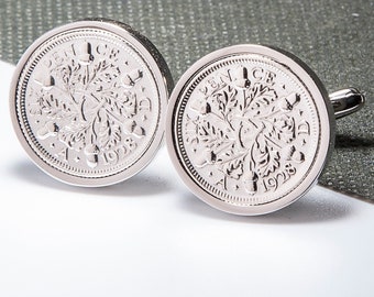 Lucky sixpence cufflinks - silver plated - choice of year 1928-1967- Velvet Gift Pouch