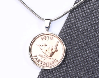 85th birthday gift farthing pendant 1939 - Wren  design-Choose Your Metal and Box Colour