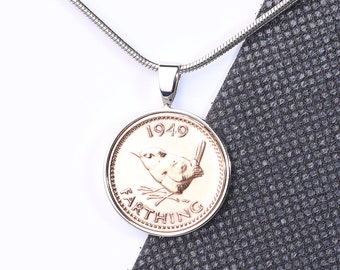 75th birthday gift farthing pendant 1949 - wren design-choose your metal and box colour
