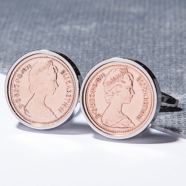 1974 half penny coin cufflinks - 50th birthday gift -Chrome Gift Box or Velvet Pouch