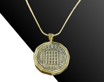 1954 70th birthday Brass Threepence coin pendant necklace - choose your box colour