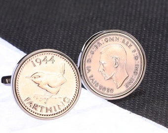 80th birthday 1944 Genuine Farthing Coin Cufflinks -Choose your Metal Colour -Chrome  Box or Velvet Pouch