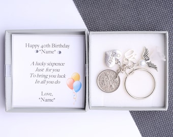 Personalised 40th birthday gift lucky sixpence keyring   -choice of charms - gift for him *keychain*