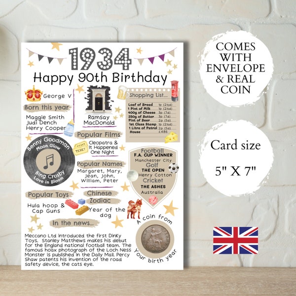 90th birthday card with 1934 coin & envelope - In Britain - choose your colour card