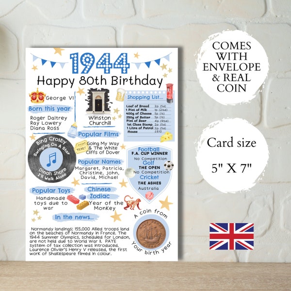 80th birthday card with 1944 coin - In Britain  - Choose your card colour