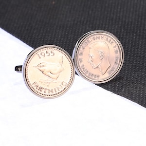 Boutons de manchette pièce de monnaie Farthing, véritable 70e anniversaire 1955 - Choisissez la couleur du métal - Boîte chromée ou pochette en velours