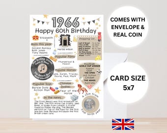 Carte du 60e anniversaire avec pièce de 1966 - En Grande-Bretagne - choisissez la couleur de votre carte - livrée avec enveloppe