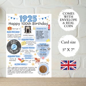 100e verjaardagskaart met munt uit 1925 en envelop - Kies je kaartkleur - Britse kaart