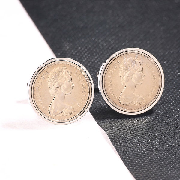 50th birthday 1974 Genuine old size 5pence  coin cufflinks-Heads & Heads