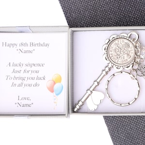 Personalised 18th birthday gift lucky sixpence keyring - heart key with charms