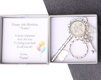 Personalised 18th birthday gift lucky sixpence keyring - heart key with charms