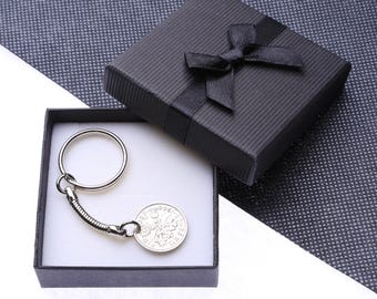 1966 60er Geburtstag Sixpence Münze Schlüsselanhänger - Vorkomma - gebohrt
