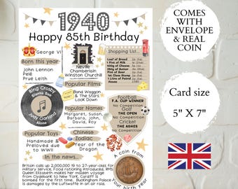 85th birthday card with 1940 coin- In Britain - Choose your card colour