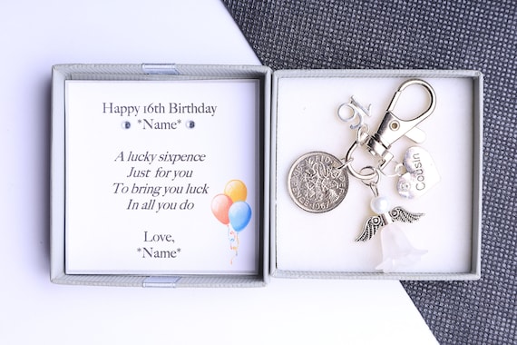 Personalised 16th birthday gift lucky sixpence keyring handbag charm  -choice of charms - gift for her *clip keyring*