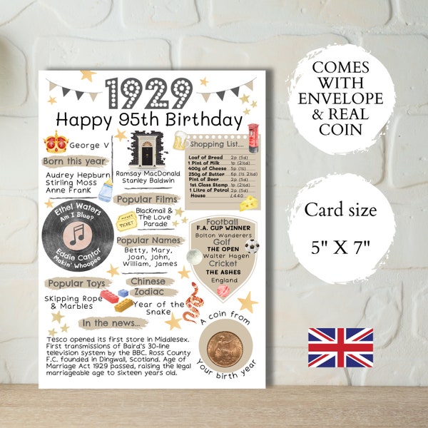 95th birthday card with 1929 coin and envelope - British card - Choose your colour