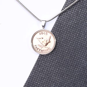 80th birthday gift farthing pendant 1945 - Wren design- choose your metal and box colour
