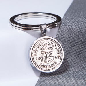 1946 80th birthday Lucky sixpence coin keyring - choose your metal colour and box colour