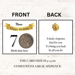 personalised lucky sixpence 70th birthday token - gift - banner design 1955