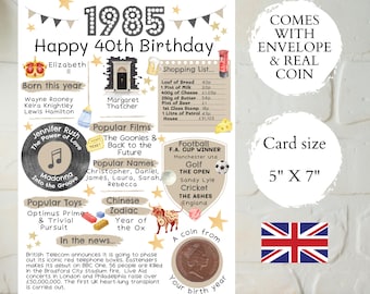 40th birthday card with 1985 coin - with envelope - choose your card colour