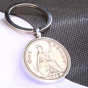 75th Birthday Gift 1950 Old Penny Coin Keyring-Choose Your Metal Colour