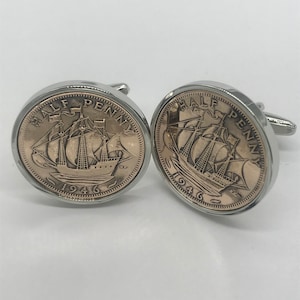Echte Halfpenny Münze Manschettenknöpfe aus der Zeit 1926-1967 - Samtsäckchen