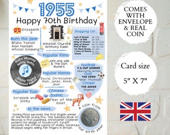 Carte des 70 ans avec une pièce de 1955 - En Grande-Bretagne - Choisissez la couleur de votre carte
