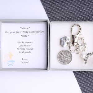 Personalised first holy communion gift lucky sixpence keyring keepsake gift for boy or girl