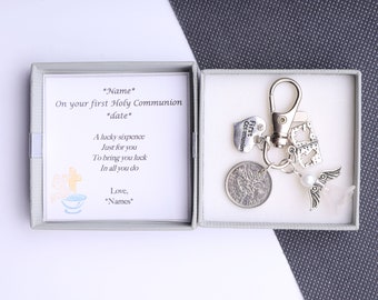 Personalised first holy communion gift lucky sixpence keyring keepsake gift for boy or girl