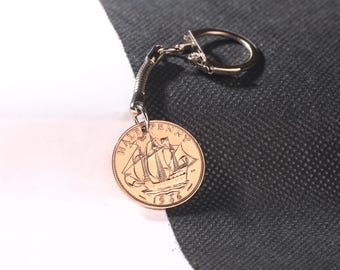 1946 80th birthday old half penny coin keyring- pre decimal