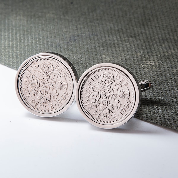 1964 60th Birthday Lucky Sixpence Coin Cufflinks - Gift/Anniversary - choose your surround colour TAILS AND TAILS