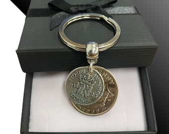 85th Birthday 1939 English half penny/sixpence  Double Keyring