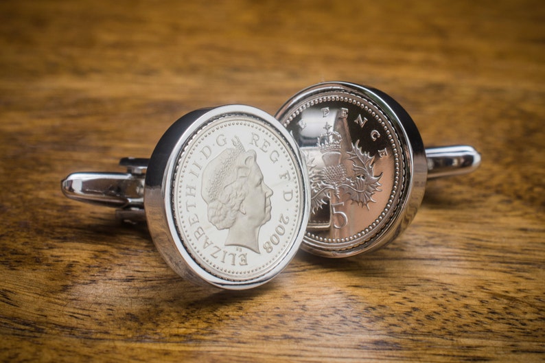 five pence coin cufflinks choice of date 1990-2010 VELVET POUCH image 5