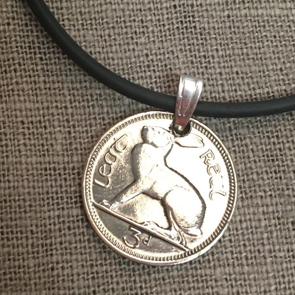 Irish 3d threepence corded coin necklace hare design lucky Irish rabbit necklace