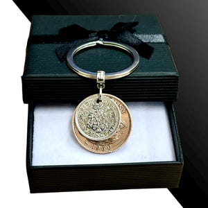 65th Birthday 1960 English half penny/sixpence  Double Keyring