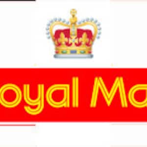 May include: Royal Mail logo with a red background and a gold crown with red jewels on top. The text "Royal Mail" is in a yellow, stylized font.