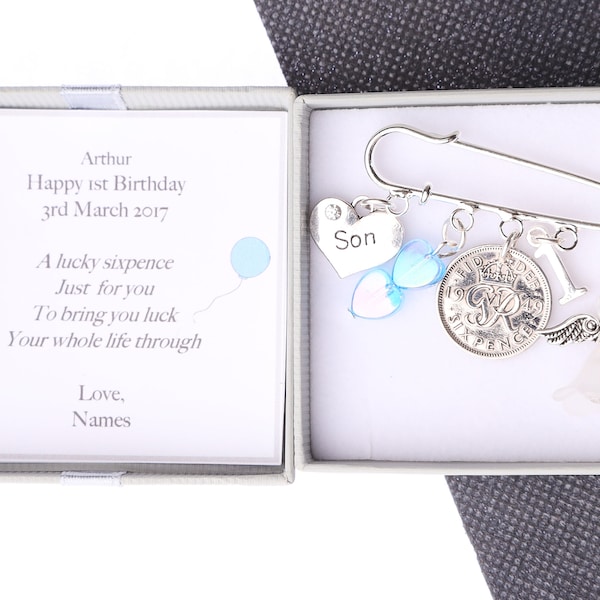 Personalised 1st birthday lucky sixpence kilt pin keepsake - baby boy
