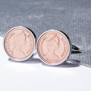 1975 half penny coin cufflinks - 50th birthday gift -Chrome Gift Box or Velvet Pouch