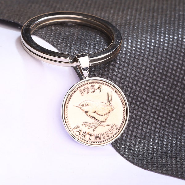 70th  birthday gift farthing keyring 1954 - wren design-choose your metal and box colour