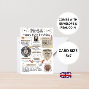 Tarjeta de 80 cumpleaños con moneda de 1946 - En Gran Bretaña - Elige el color de tu tarjeta