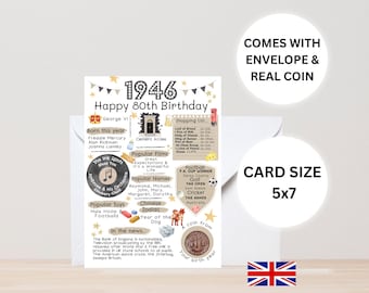 80th birthday card with 1946 coin - In Britain  - Choose your card colour