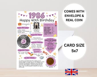 40th birthday card with 1986 coin - with envelope - choose your card colour